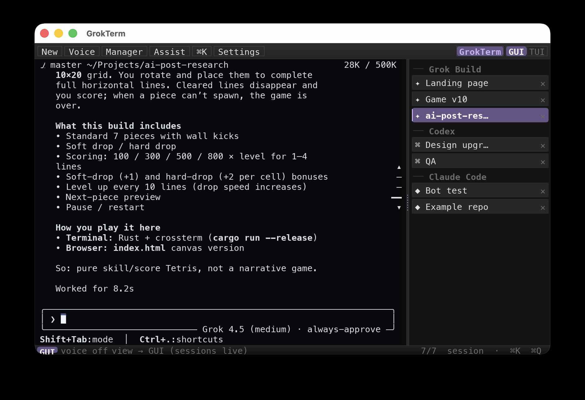 GrokTerm on macOS — multi-harness tabs (Grok Build, Codex, Claude Code) with a live Grok session