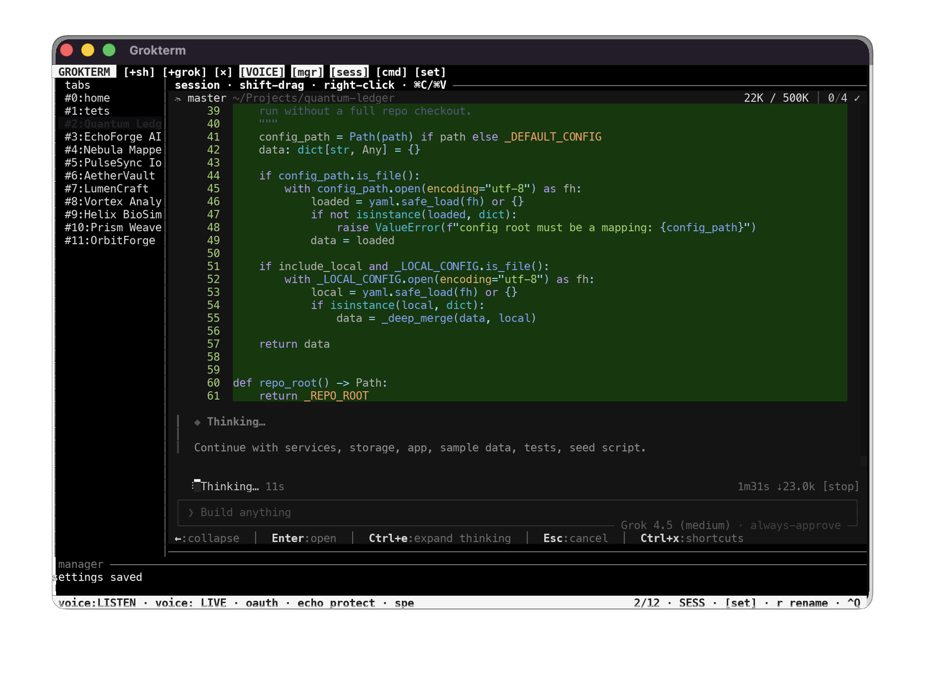 GrokTerm running on macOS — multi-tab terminal with Grok Build and voice